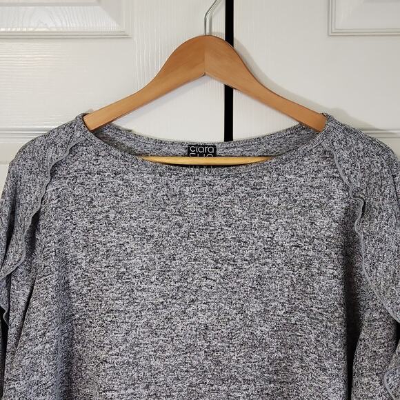 Clara Sun Woo Women's Heathered Gray Sweater Size LG Ruffle Sleeve Neutral USA - Picture 6 of 9